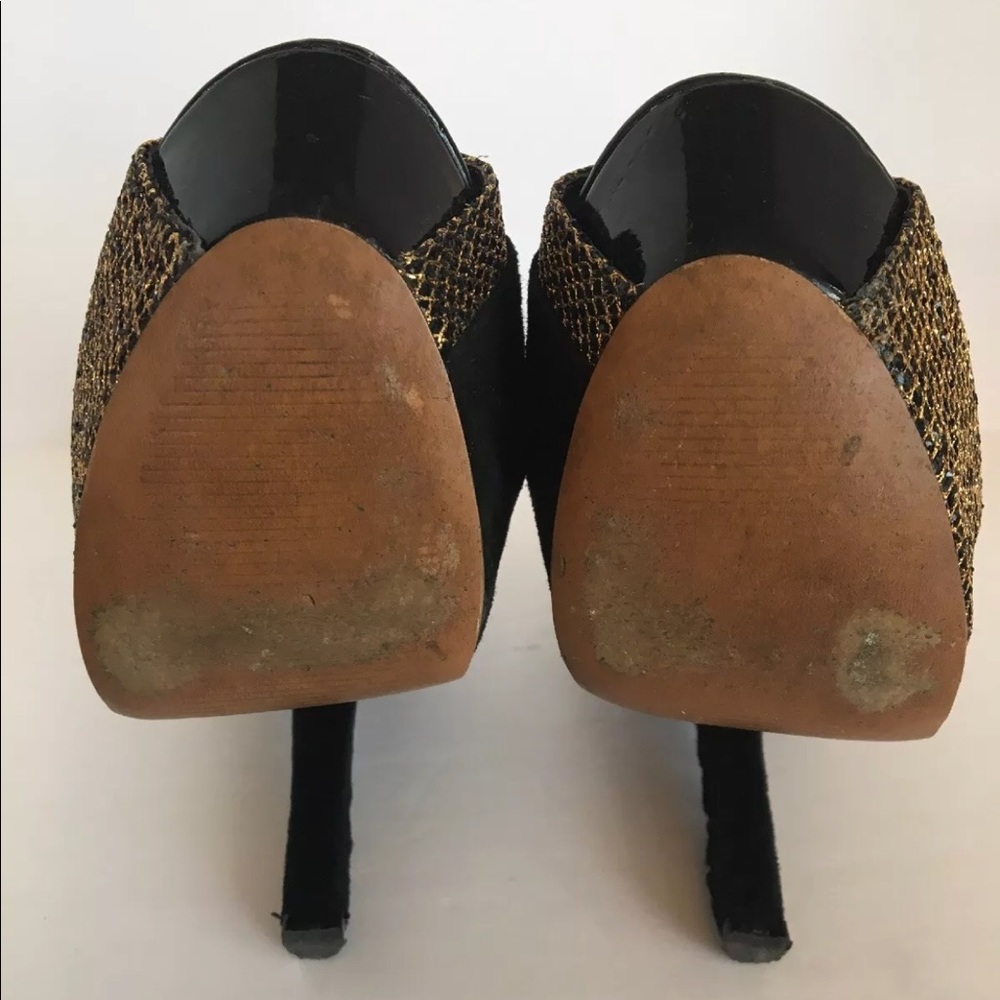 Wild Pair black suede gold mesh peep toe heels 7.5 - Picture 7 of 8